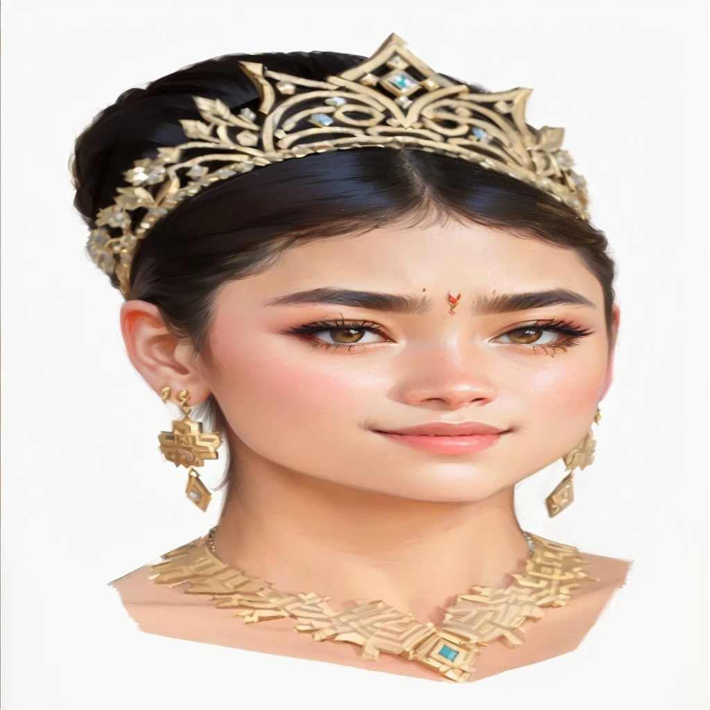 a close up of a woman wearing a tia with a necklace and earrings, south east asian with round face, imogen poots d&d paladin, zendaya, natalia dyer, portrait of zendaya, portrait of modern darna, kazakh empress, traditional beauty, aykut aydogdu, the face of absurdly beautiful, inspired by Altoon Sultan