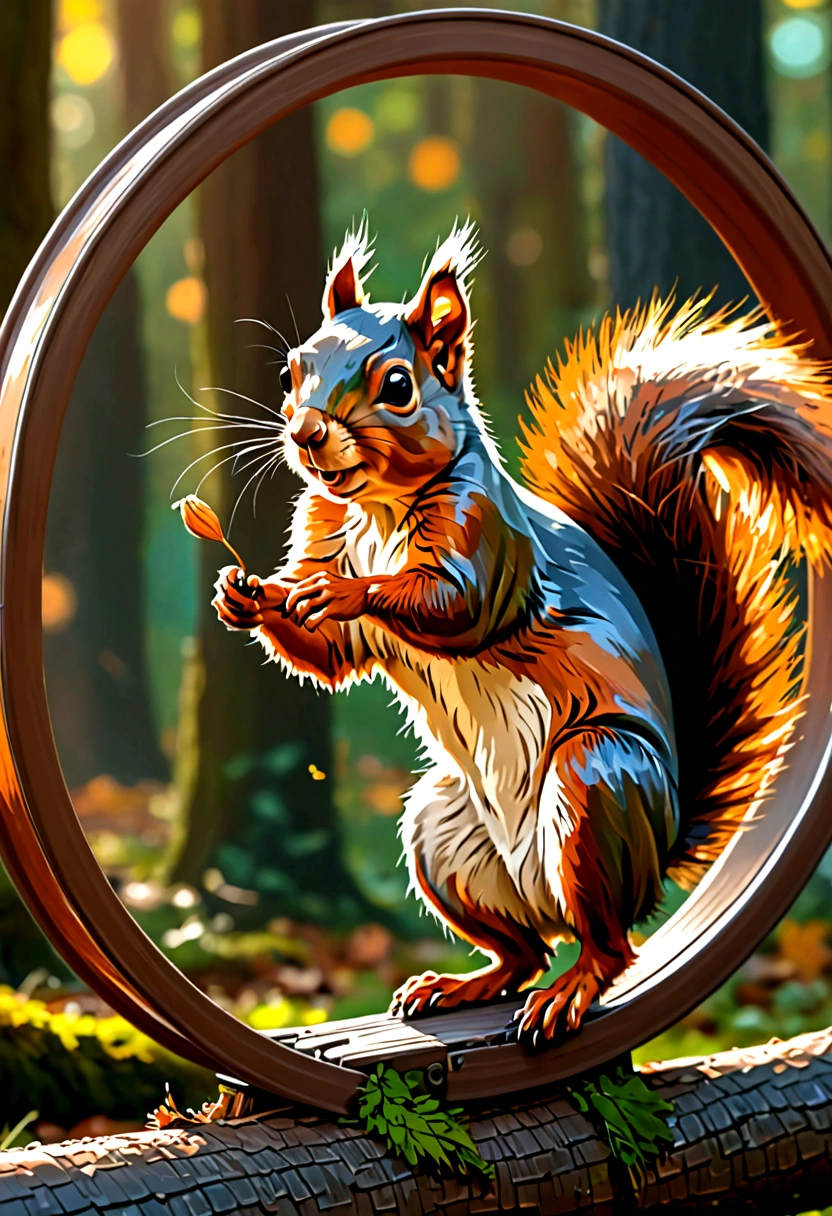 masterpiece, squirrel spinning in a wheel, digital painting, 8K, octane ink, digital art, 8K resolution, 4K resolution, aesthetics". Fairytale illustration of a squirrel running in a wheel