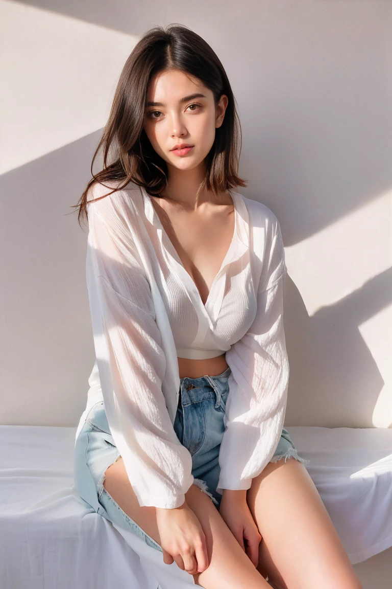8K, Best Quality, masutepiece:1.2), (Photorealistic:1.4), Raw photo, Best Quality, 超A high resolution Beautuful Women Beautiful butt gigantic cleavage breasts tthin eyebrows on the beds (Huge breasts:1.2) silber hair silver blond Pink clothes that make your body line look beautiful See-through off-shoulder knit japanes A sexy 2 limbs Close both eyes Open your legs see-through mini skirts See-through shorts See-through shorts Sleeping on your side Sleeping face down Sleeping on your back Alone Angle of view from which the buttocks can be seen Backshots