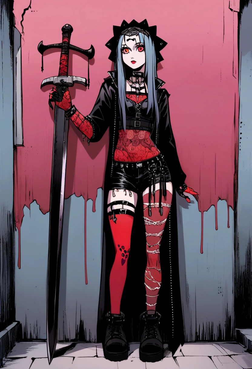 a girl kneels down behind a wall holding a sword, in the style of cybergoth, red threads, midwest gothic, organically inspired body art, nu-goth, made of all of the above, suburban gothic