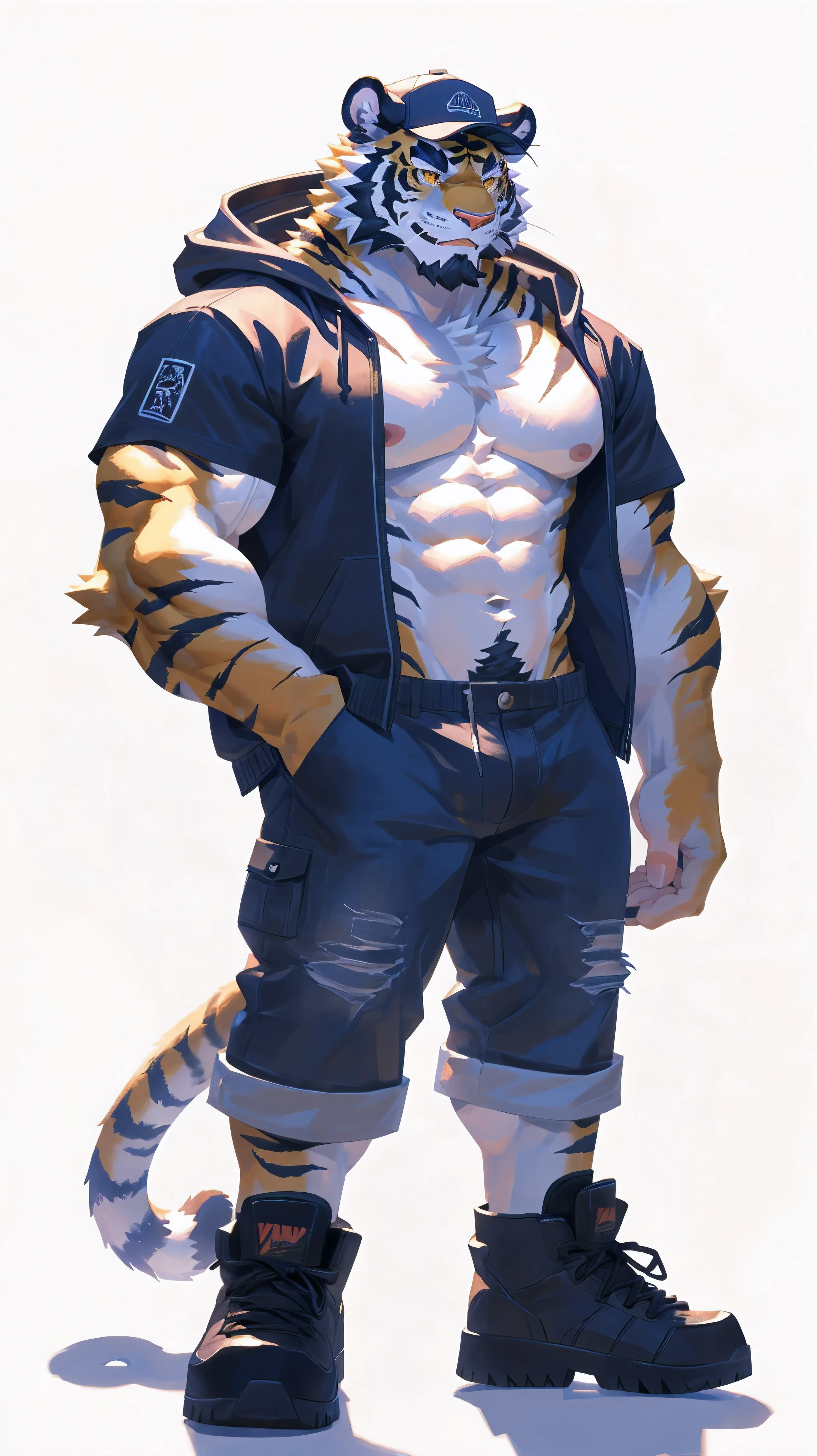 (masterpiece:1.2), best quality,pixiv,official art,perfect anatomy, (Ray tracing, light),solo, (1_male:1.3) , (muscle), (all white fur:1.4), (muscle white tiger), (beard:1.2), (gleaming golden eyes), tiger tail, full body, Thick black eyebrows, baseball cap, (open short hoodie), (naked inside),Ripped short jeans, black short boots, (pure white background: 1.3)