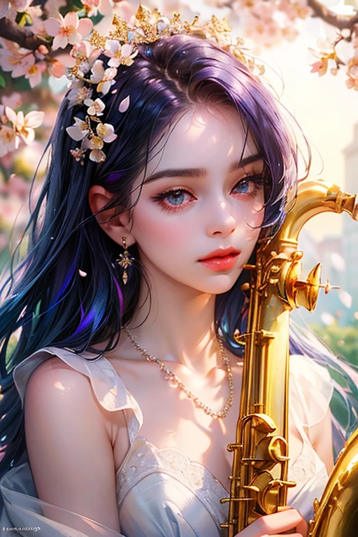 work of art, best qualityer, illustration, blue saxophone, Platinum Earrings, Platinum Necklace, white gown, 1 girl, cute, (dynamic lighting:1.2), cinematic lighting, Delicate facial features, detailedeyes, sharp pupils, realistic pupils, Depth of field, bokeh, sharp focus, (超detailded, blossom, sheen:1.4), lots of little jewels