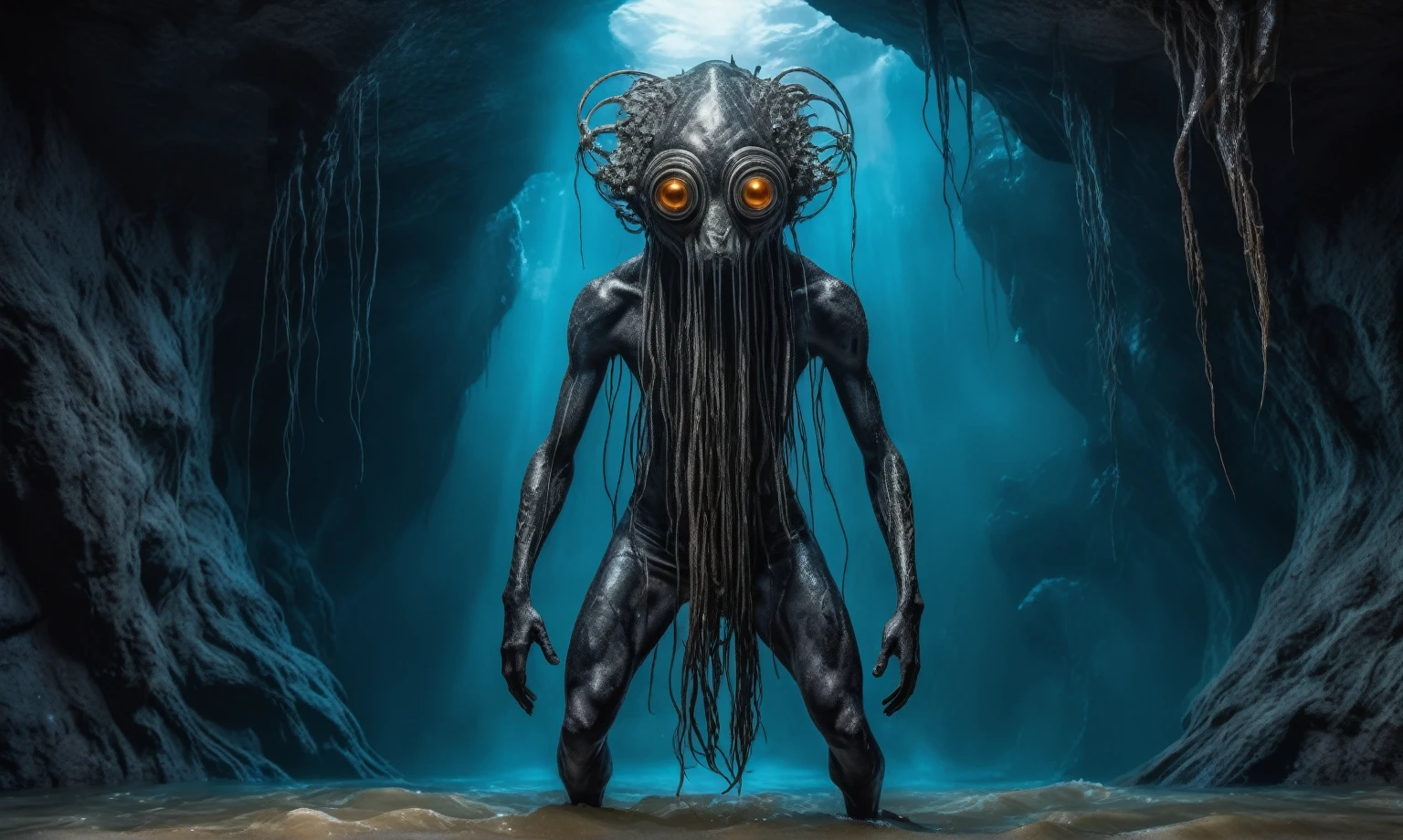 full body length shot,beggar graphite  Alien Entity,native africa sparas,slave ,nowadays azctec bear's cave,Cinematic,soft colors, Technicolor,natural skin textures, hyper realism, hyper detailed,Extremely detailed,High contrast,Masterpiece,Realistic,Ultra Detailed, intricate details,realistic humid leather,extremely intricate details,Epic Realistic, cinematic style, irina yermolova,high contrast,hdr,extremely detailed, [deep night landscape],masterpiece, intricate details, eyes extremely detailed, high detailed eyes,8k resolution,retina, Nikon Z9,Korea,orc,Li River in Guangxi Zhuang of Italia, Pisces, transition between two art styles, Double contact, X-ray, Creative, vivid light, fantasy, Abstract, Surrealism, super detailed, high resolution,insanity wear,skin  almost translucent,  symbols of mourning and gothic elements, further emphasizing its dark air,Mestichino,Light particles,chaos,jellyfish's leather
