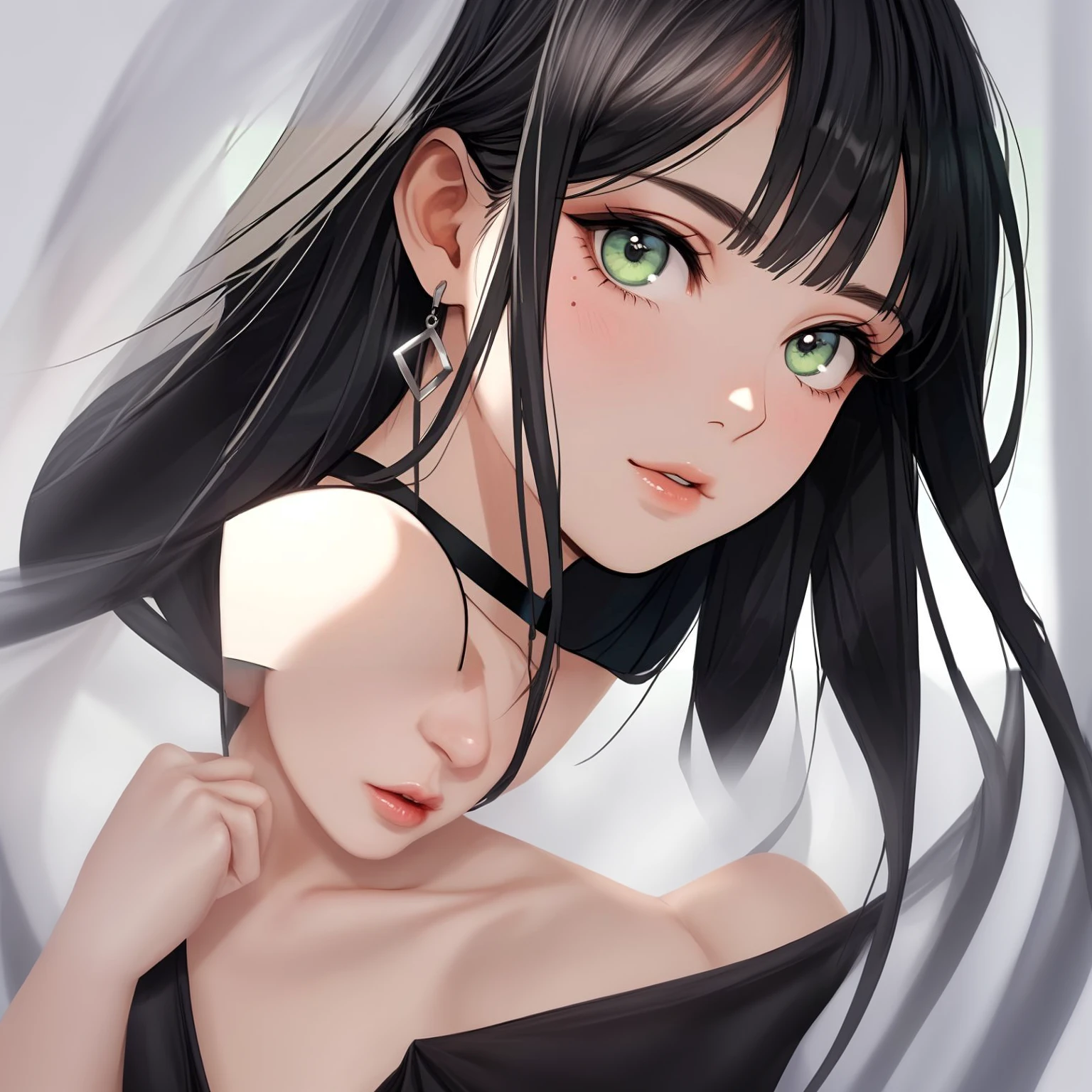 Expand this image, the background of the image is white, she is wearing a black dress.