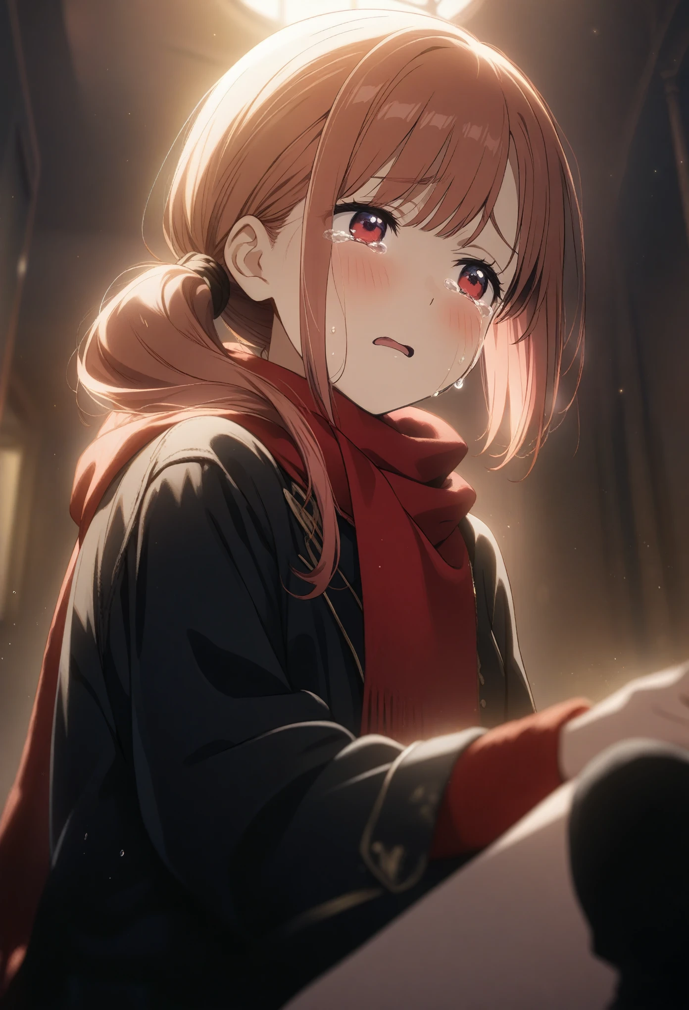 1girl ichihaya, official art, sitting, crying, tears streaming, black coat, red scarf, black hair, side_ponytail, red eyes, (very aesthetic, best quality, ultra detailed), intricate details, highres, indoors, light particles, close-up, blurry background,, low angle, cinematic angle, cowboy shot, emotional, delicate features
