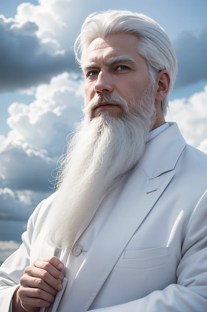 Make me wish , white bearded , white hair and white clothes against a backdrop of clouds 