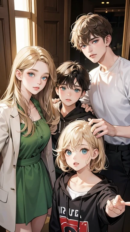 A chubby woman. She has short wavy blonde hair, green eyes. She is taking a selfie with her friends, a girl and two boys. One of the boys has black hair and eyes, the other has brown hair and blue eyes. The girl friend has black hair and brown eyes. 4friends