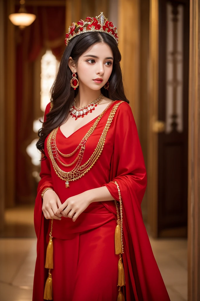 、Highest quality , sexy, Ultra-high resolution, RAW Photos, girl, indoor, White skin, Long Hair ,whole body,Black Hair、Red color clothes、National costume of the Republic of Yemen、Red color crown、red necklace、Red wrist ornament、Red earrings、