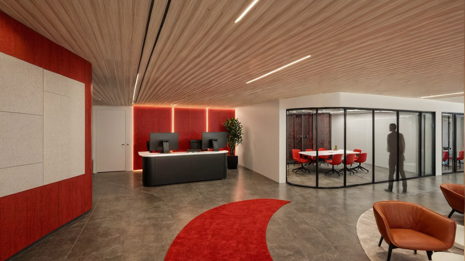 Raw photo, Masterpiece, high quality, best quality, authentic, super detail, interior, indoors, office style modern, plant, armchair, reception, tv, carpet floor red color,white-washed ceiling, daylight, table dining, daylight:2.2), vivid colors, (realistic:2.3),