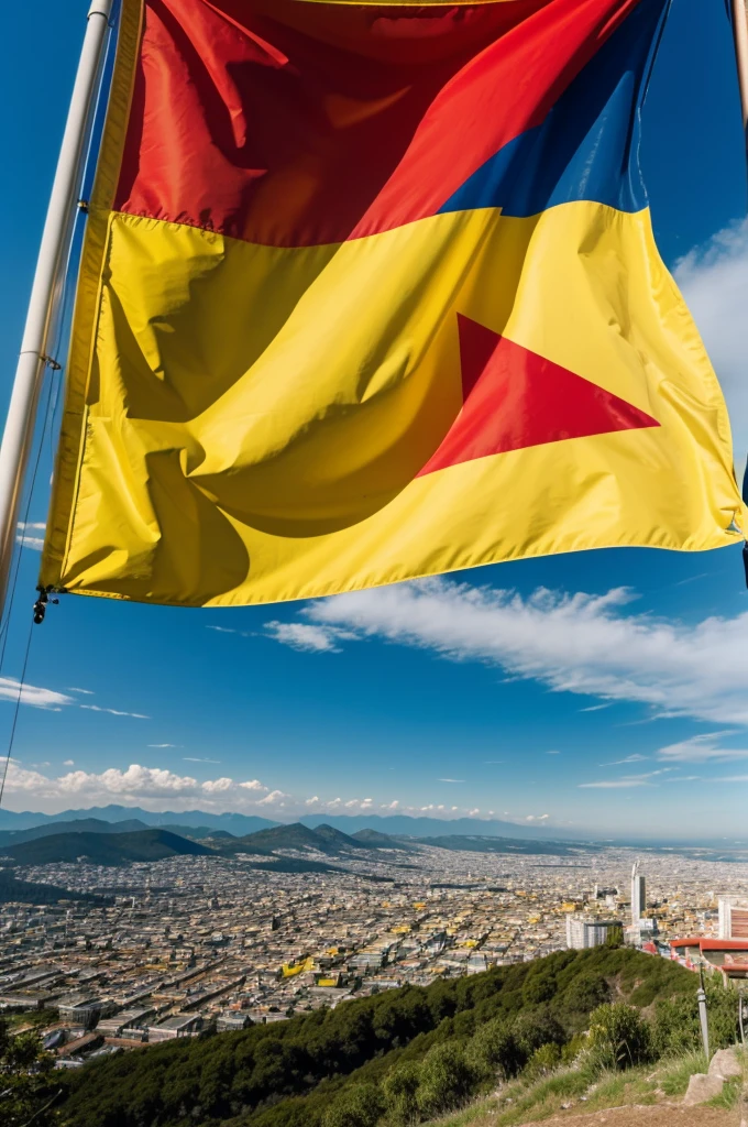 Flag with yellow blue and red order on top of a mountain overlooking the city