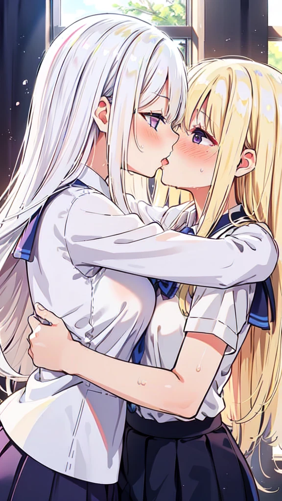 masterpiece,best quality,highly detailed,((blonde hair:1.2)),((white hair:1.2)),purple eyes,((long hair:1.2)),medium breasts,kiss,kissing,,2girls,yuri,((hug:1.2)),full-face blush,pleated skirt,