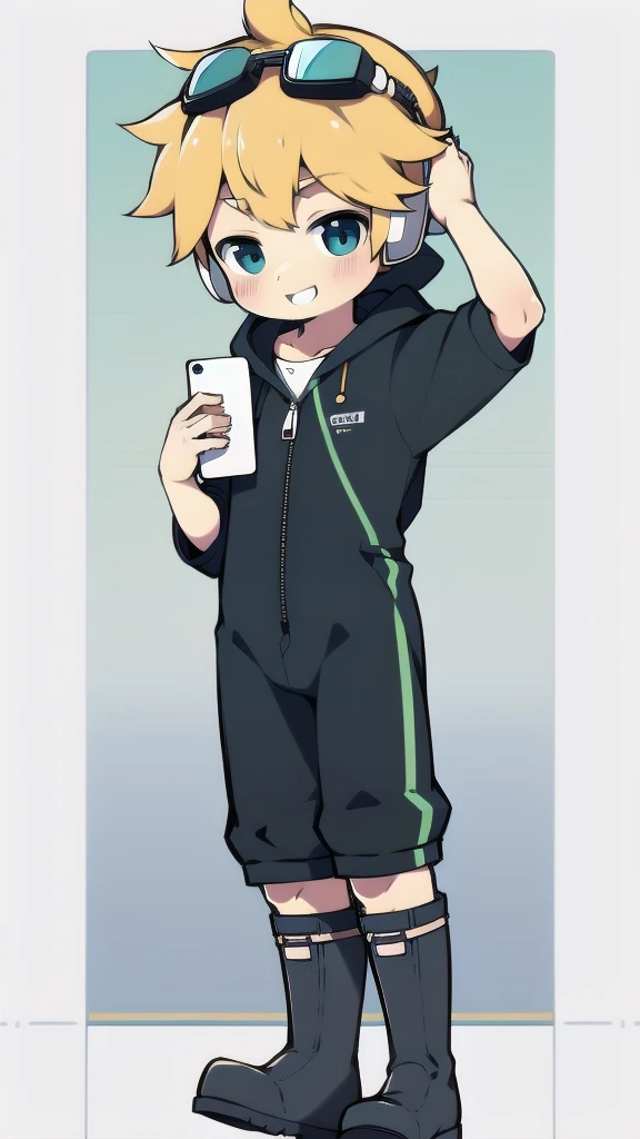 2D Boy Shota,One-piece mountaineering suit,Slim, healthy body,Put the headphones on your head,stand up,goggles,happy,Sailor collar,tie,Zipper pulled down,boots,hood,strap