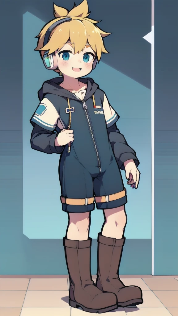 2D Boy Shota，One-piece mountaineering suit，Slim, healthy body，Put the headphones on your head，stand up，goggles，happy，Sailor collar，tie，Zipper pulled down，boots，hood，strap