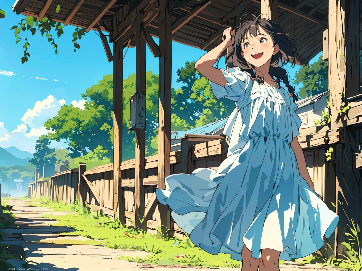 Reasonable design, Clear lines, High Sharpness, (Highest quality,8K,Perfect sharpness,Ultra fine,High resolution,masterpiece:1.2), Perfect Anatomy:1.5, Official Art, Illustrations that tell a story, (Whitish background:0. 9)、Body Positivity、多Mr.な身体表現、(Random and energetic poses)、Perfect beauty、Perfect beautiful face、Strong winds、A rich expression、Dynamic composition、smile、Golden ratio composition、colorful、((Mr.々Different angles and perspectives))、Anime Art、(Mini dress)、(Overcoming stereotypes)、 Glowing Skin、(Natural beauty)、smile、Bangs、(Soft and flowing hair)、(countryside)、(Nostalgic atmosphere)、Put up to your feet、(Playful and carefree)、(多Mr.な民族のキャラクター)、(innocent attitude)、(Sunny atmosphere)、(The skirt flutters wildly in the wind)、(Bright colors)、Beautiful Eyes、(Embarrassing)、Braided Hair、Summer Scene、Smiling among flowers、Side angle、