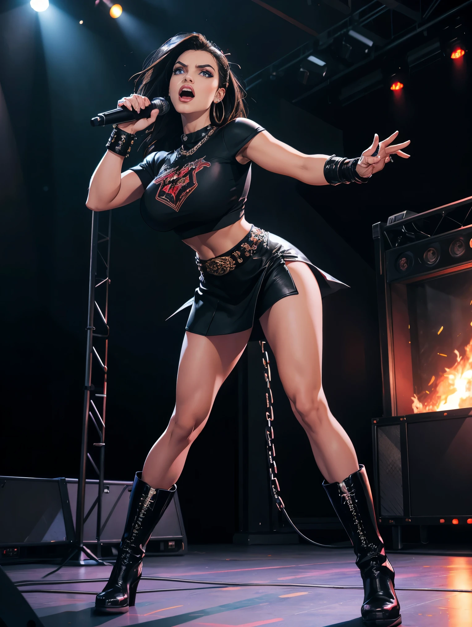 Japanese super beautiful big/ bust female bodybuilder singer black raiders jacket tank top high leg ashorts garter belt high heel boots on stage