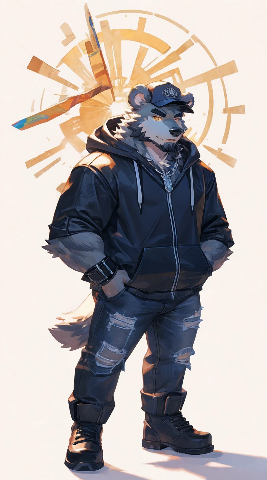 (masterpiece:1.2), best quality,pixiv,official art,perfect anatomy, (Ray tracing, light),solo, (1_male:1.3) , (muscle), (grey fur:1.4), (muscle bear), (beard:1.2), (gleaming golden eyes), bear tail, full body, Thick black eyebrows, baseball cap, (open short hoodie), (naked inside),Ripped short jeans, black short boots, (pure white background: 1.3),crystal necklace ,single leather bracelet