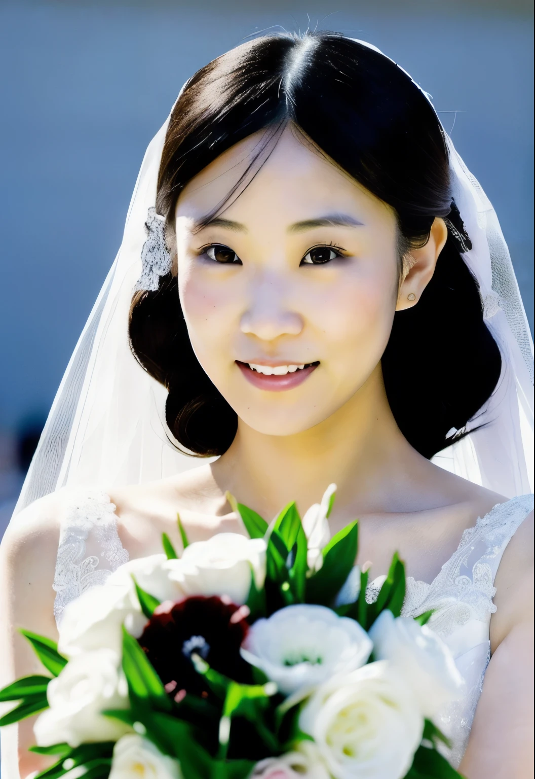 a close up of a woman in a wedding dress holding a bouquet, Yoshitomo Nara, bride, deayami kojima, ji-min, chiho ashima, kiyoko suzuki, yukii morita, narumi kakinouchi, mariko mori, jen zee, jacqueline e, ayami kojima amano, joy ang