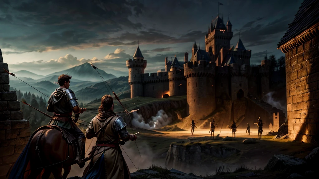 a medieval castle, a group of archers on the castle walls, archers firing arrows, detailed archery technique, dramatic action, atmospheric lighting, cinematic composition, epic fantasy, muted color palette, chiaroscuro lighting