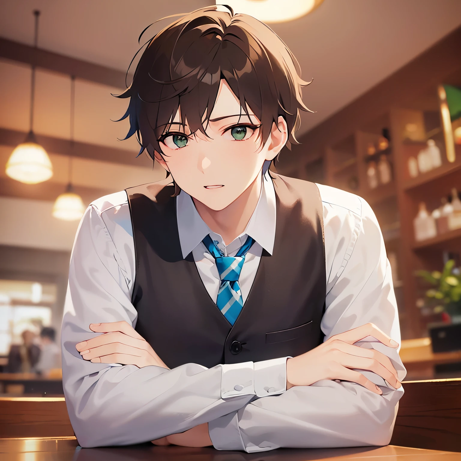 looking away,upper body,masterpiece、Highest quality、BREAK (25-year-old male:1.5) and (Mahogany brown short hair) and (Green Eyes)BREAK (white collared shirt) and (Blue tie),surprised,The background is the interior of a restaurant at night.,Sitting,