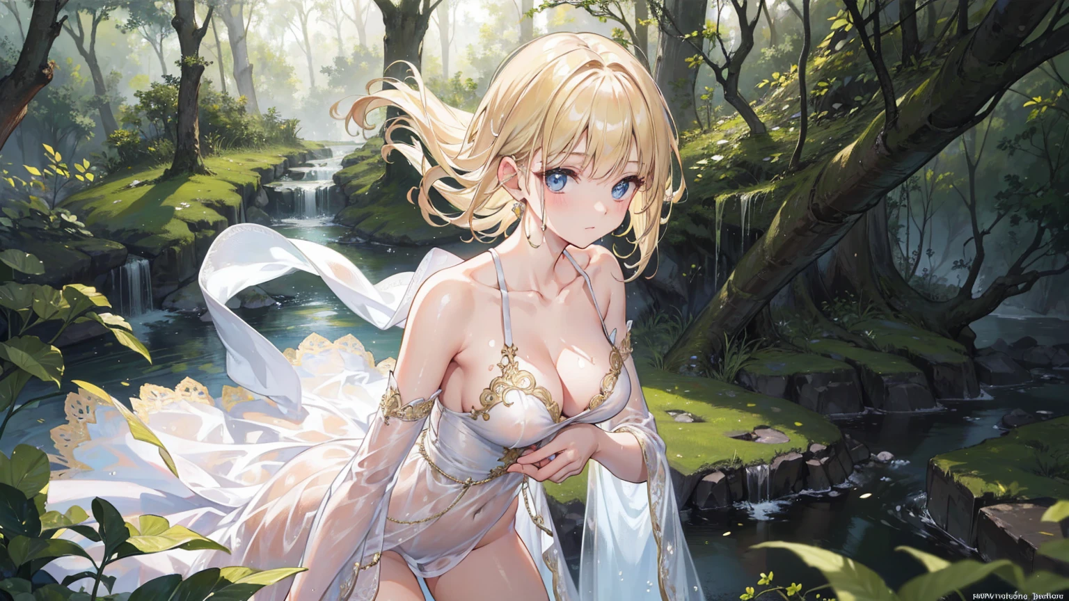 (masterpiece), (best quality), (detailed), Light Layer, 1 Solo Girl, Young girl in the forest, Sexy Sheer Colonial Dress, Perfect body, Blonde hair, Clear , Well-defined collarbone, surreal, lifelike, detailed, Perky transparent nipples, Wet clothes,