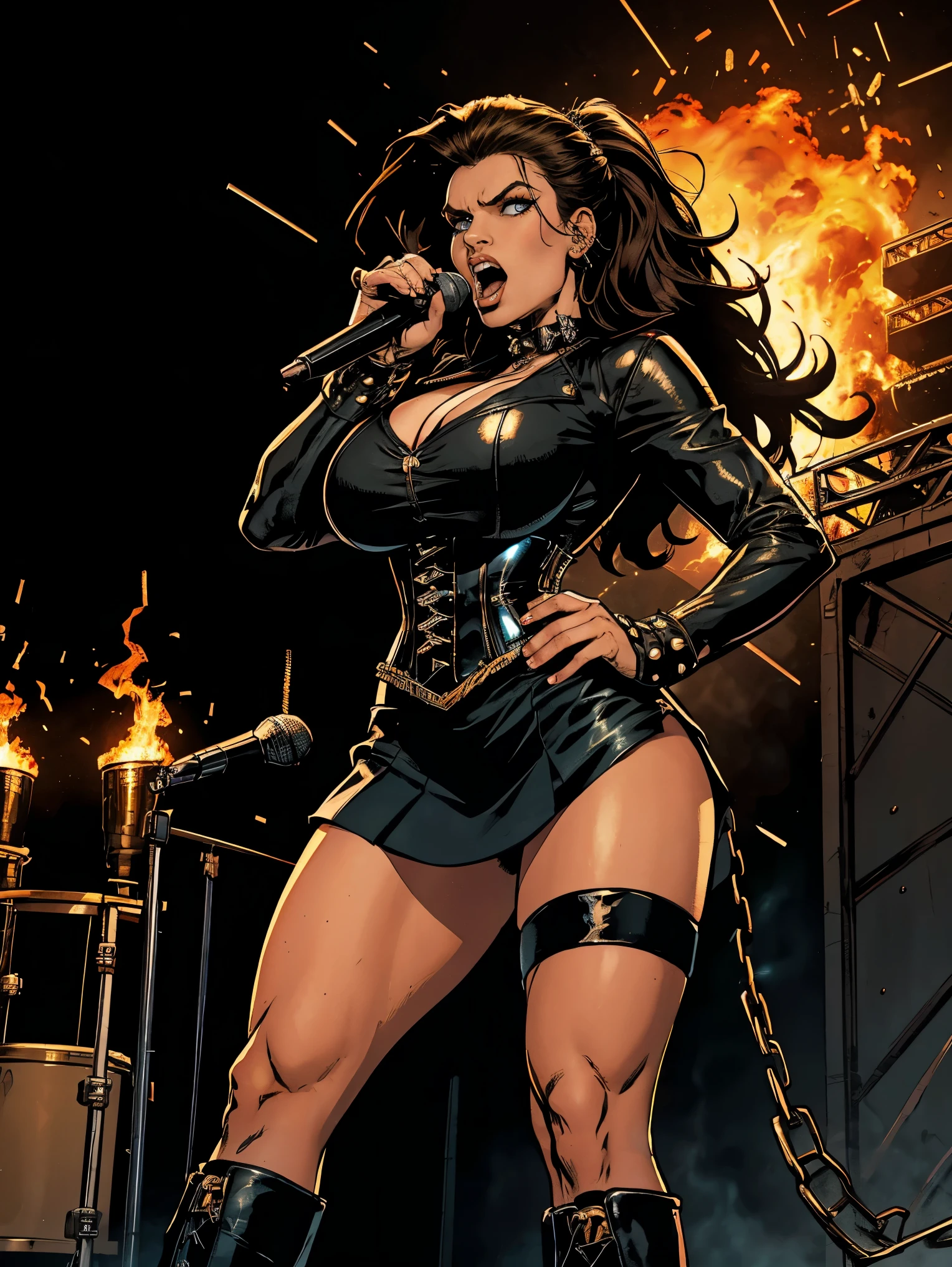 Extremely busty thin and toned brunette death metal singer, college girl, fair skin, big hair, hair pulled back, soft face, athletic, heavy makeup, piercings, black leather, studs, corset, boots, fingerless gloves, tight skirt, chains. standing on a stage, pyrotechnics, holding a microphone, metal concert. (microphone, fist in the sky), angry, rage, screaming. Heavy metal. Death metal. Explosions, fire.