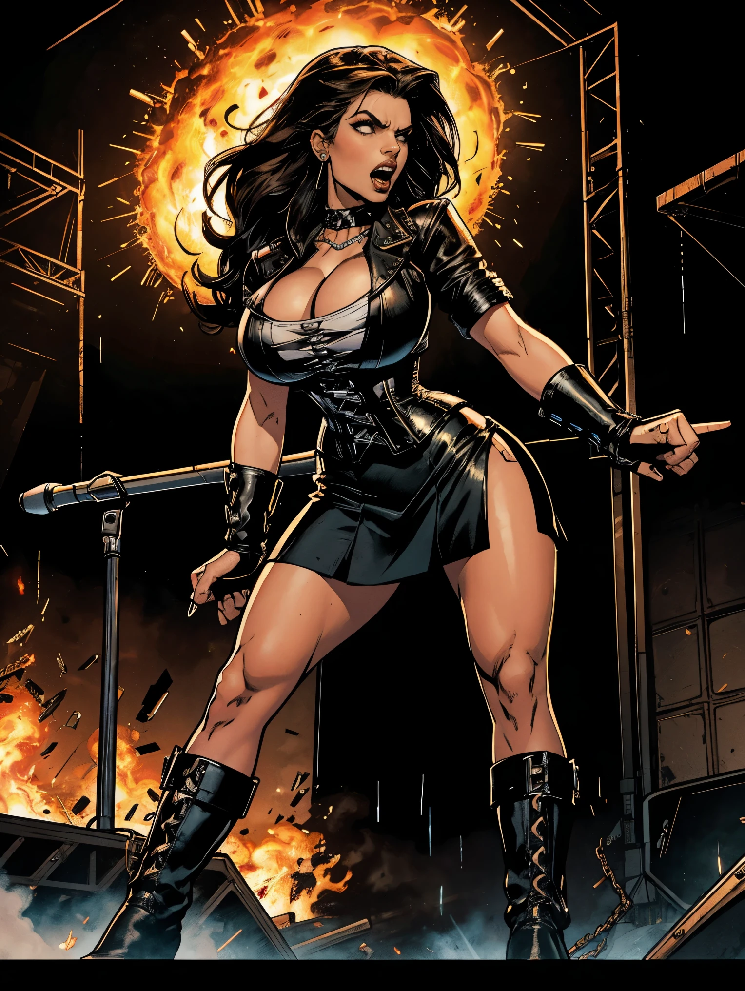 Extremely busty thin and toned brunette death metal singer, college girl, fair skin, big hair, hair pulled back, soft face, athletic, heavy makeup, piercings, black leather, studs, corset, boots, fingerless gloves, tight skirt, chains. standing on a stage, pyrotechnics, holding a microphone, metal concert. (microphone, fist in the sky), angry, rage, screaming. Heavy metal. Death metal. Explosions, fire.