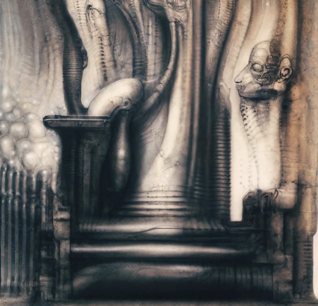 Giger_style, The image is a detailed view of H.R. Giger's \" Landscape XVI \" plate, featuring a complex network of bones and organs in a purple-brown hue ,swirling gray and brown colors. The artwork is silver and purplish brown, with an ivory bones prominently displayed. The image is highly detailed and intricate, almost like a 3d version of a medical sketch.
The piece is a tableau, most likely created with a India ink pen or pencil on paper, determined by the thin lines, shading techniques, and the texture of the paper, which is visible around the edges. Used is pen, given the shading and variations in line weight visible in the image. One have used a variety of pencils with different degrees of hardness to achieve the shading effects.

The style  is clearly biomechanical. Features combination of organic and mechanical forms. Mechanical elements dominate the composition, there are subtle organic hints. The use of undersaturated purple-grays dark contrasts creates a stark and graphic look. Is used a variety of linework techniques to create different textures. Fine, parallel lines create a smooth, metallic texture,while thicker, more cursive lines suggest cables or wires. Machines fills most, with its central cylindric structure acting as the focal point. Parallel lines emanating from this central structure used to create a sense of depth and movement. Being overwhelmingly mechanical, there are subtle suggestions of organic forms.

The art performance showcases the artist’s skills in observation and rendering. The level of detail in the piece suggests a close study of real bone specimens and anatomy. The artist has skillfully used shading techniques to create a convincing illusion of three-dimensionality on a flat surface.The wrinkles and cracks in the surface, and the cast shadows with accuracy, used shading techniques to create a realistic depiction of light and shadow on the objects. This creates a sense of depth and dimension in the image