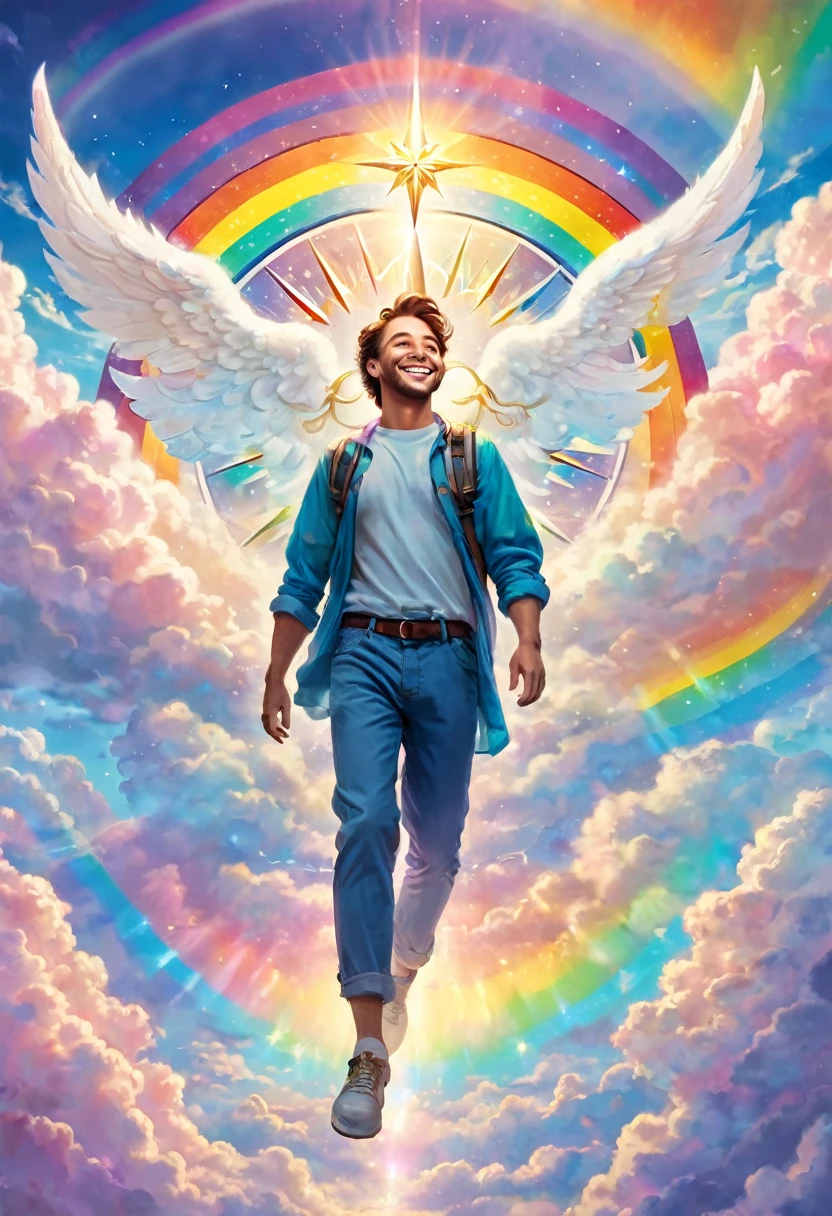 Big compass in rainbow pastel colors, floating in the clouds, mysterious, glowing, perfect lighting, angel man looking, smiling