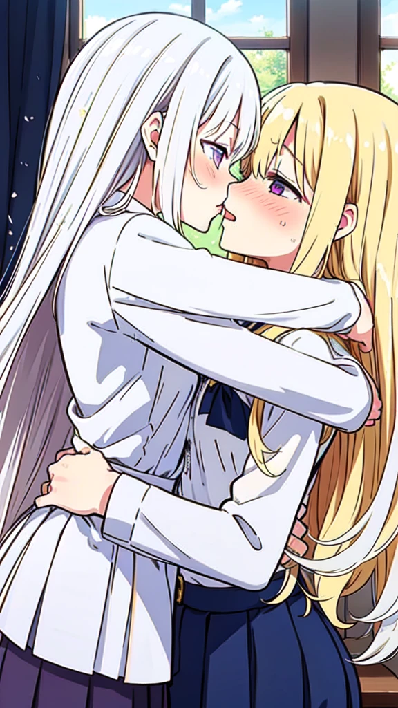 masterpiece,best quality,highly detailed,((blonde hair:1.2)),((white hair:1.2)),purple eyes,((long hair:1.2)),medium breasts,kiss,kissing,,2girls,yuri,((hug:1.2)),full-face blush,pleated skirt,