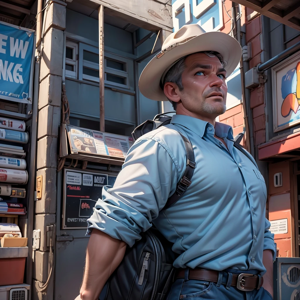 A dramatic and visually stunning comic illustration by Frank Miller with vibrant colors, depicting a man, 40 years old, gray hair, very strong, blue eyes, looking from the camera, wearing a COUNTRY outfit with cowboy hat. The man poses with his hand on his waist looking at a scoreboard. The man's face is filled with intense determination as he checks the result of his performance. The illustration has a cinematic quality, with deep contrasts of light and shadow, and a sense of grandeur and wonder, painting, cinematic, illustration