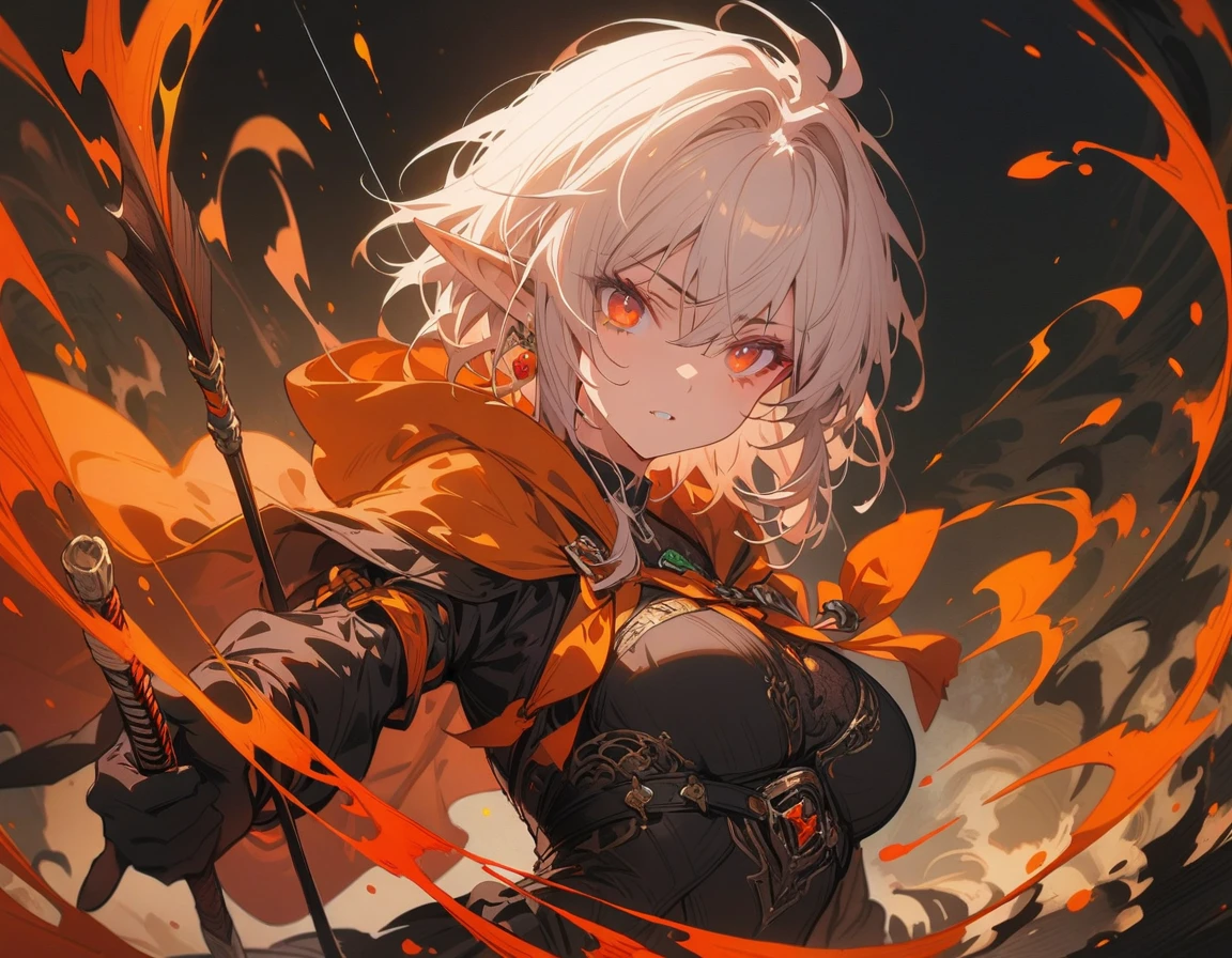 1girl, dark elf, kyuudou, large breasts, hooded cloak, bow and arrow, highly detailed, intricate, fantasy, dark mood, (best quality,4K,8K,highres,masterpiece:1.2),ultra-detailed,Elf female archer holding a bow and arrow,Bow drawing action