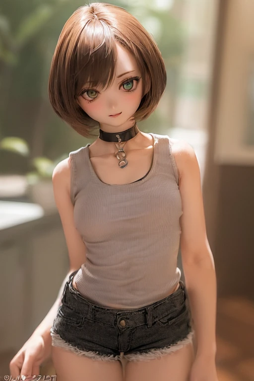 (SFW:2), photorealistic, realistic photo, ((highest quality)), ((masterpiece)), (extremely detailed), kukolnydom, doll, (mature woman, 22yo, 22 years old:1.6), solo, ((cowboy shot, dynamic pose)), (skinny, slender, slim, light smile, parted lips), green eyes, brown hair, (looking at another, gradient eyes, shining eyes, detailed eyes, detailed face, tank top, hot pants, choker:1.3), room, 8k