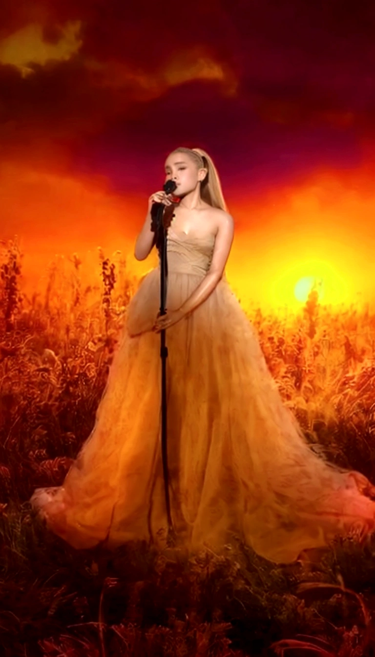 Ariana Grande, a pretty woman in a long dress singing into a microphone in a field, blonde ponytail, foreground background, performing, flowing gown, wearing a dress made of stars, bathed in golden light, sunset