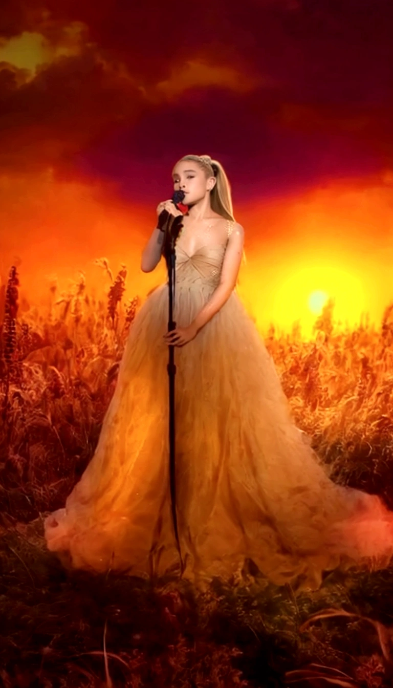 Ariana Grande, a pretty woman in a long dress singing into a microphone in a field, blonde ponytail, foreground background, performing, flowing gown, wearing a dress made of stars, bathed in golden light, sunset