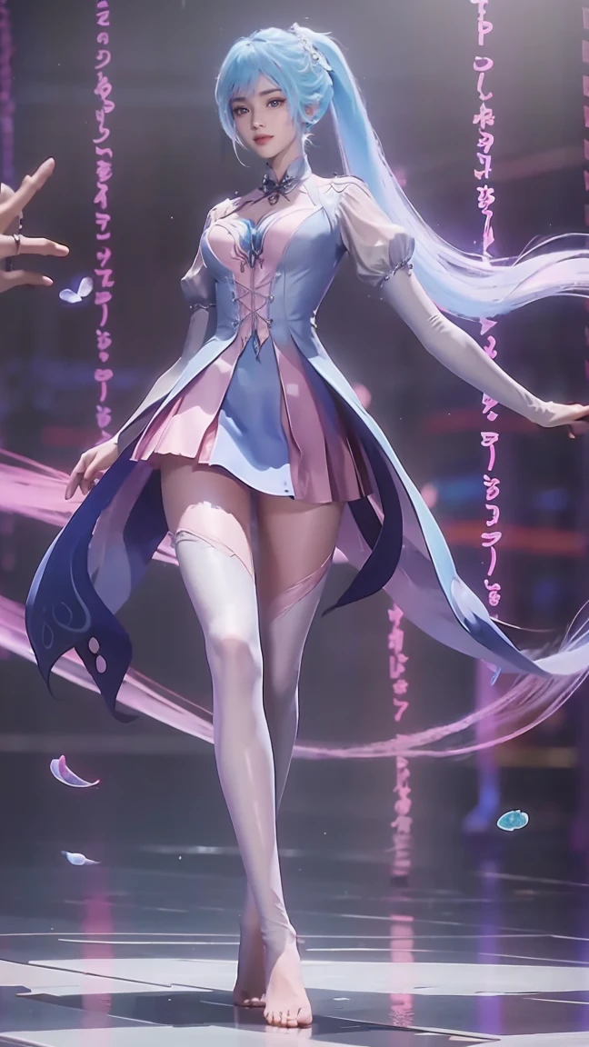 ((Biologically correct number of limbs))、(( Full body illustration from toes to face))、4K、masterpiece、((The eyes are delicately painted、Facial details、Focus on the face))、((Symmetrical, Balanced facial features))、Beautiful woman、Outstanding style、Beautiful clavicle、Beautiful legs、beautiful hands、slim body、(shirt、skirt、barefoot)、look up、High Angle、Background is night city、((Walking posture))
，Double tail，Colored hair，Blue and Pink Ombre Hair