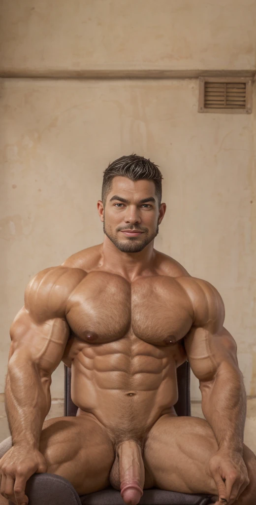(masterpiece, intricately detailed, highest resolution, best quality:1.2),a cocky Sean Xavier, a 34 y.o muscle stud with a muscular physique sitting on a chair with black eyes,fair-skinned male, completely naked, flaccid penis, intimidating, little smirking, saggy balls,hairy chest,vascular,muscle striations,soft light,fantastic realism,