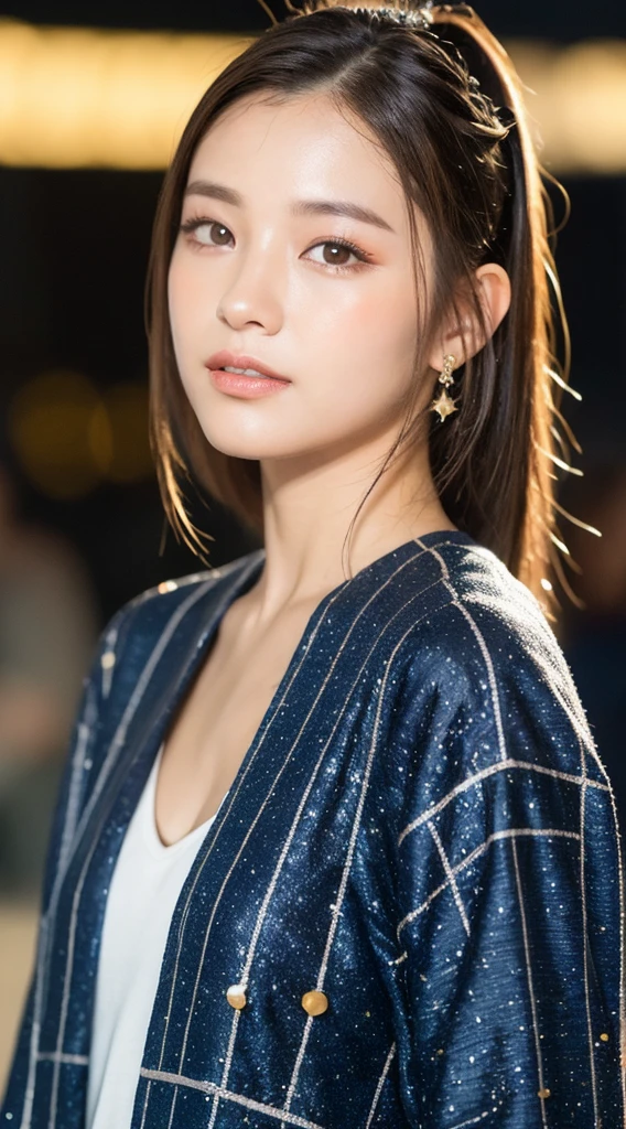 Best quality, realistic, realistic, extremely detailed, extremely delicate and beautiful, RAW photo, professional lighting, facial lighting, depth of field, single focus, full body, a 20 year old female, (night, beach, starry sky: 1.4), brown Hair, Brown Eyes, Smaller Head, Fashion Girl, Beautiful Eyes, Real Face, Real Skin, Realistic Face, Realistic Skin, Detailed Eyes, Detailed Facial Features, Detailed Clothes Features, (Fashion Clothes: 1.3 ), (Fashion hairstyle: 1.3) dynamic pose, looking at viewer, detailed face and chest, (pureerosface_v1:0.33), (ulzzang-6500:0.33),