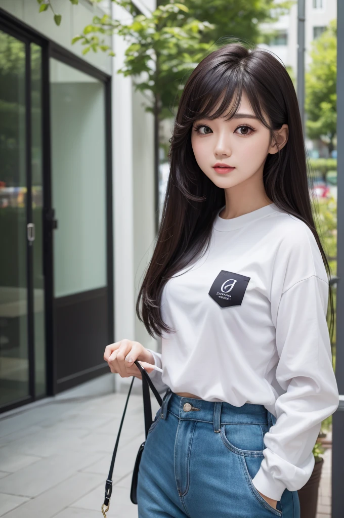 A skinny Japanese lady, long wavy hair, wearing (long T-shirt:1.3), sitting in a dark room. The walls are painted in soft white. Realistic, Photorealistic, High quality, RAW photograph, detailed background, highly detailed, sharp focus, high resolution, 8k, uhd, dslr, realistic eyes, perfect eyes,