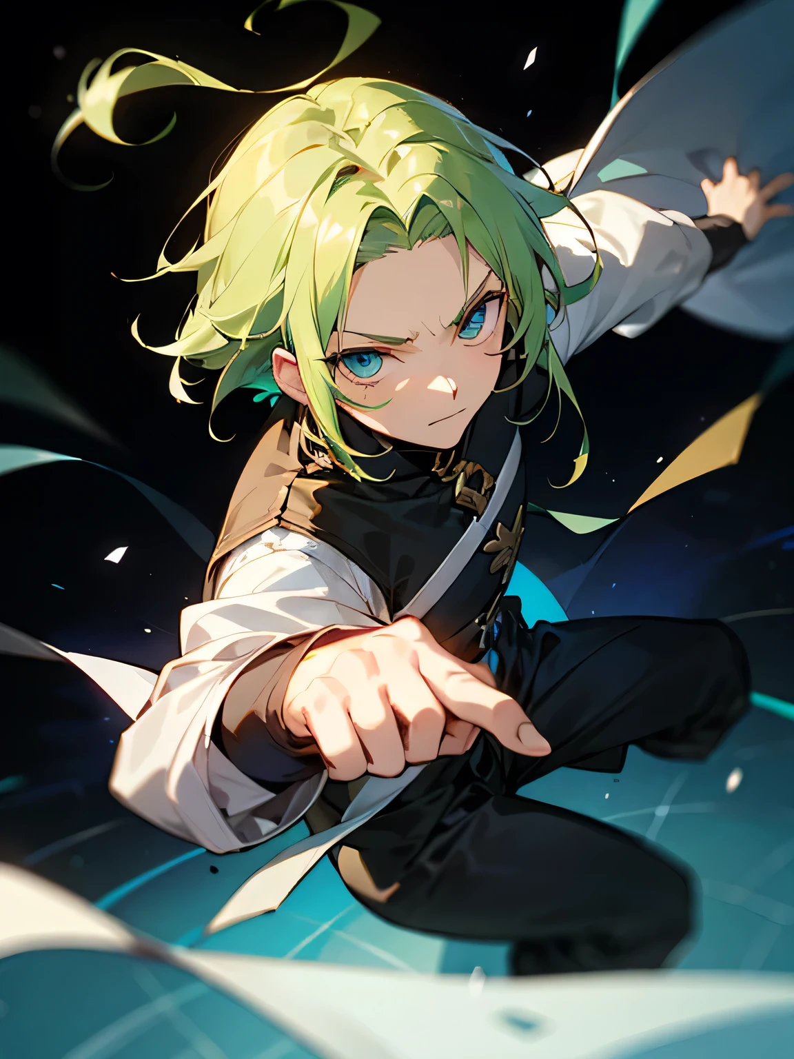 from above:1.3,(fighting stance:1.2)、solo,man,male,s eyes,parted bangs, Light green hair, thin medium hair:1.2, dark traveler's clothes, smile,ahoge,