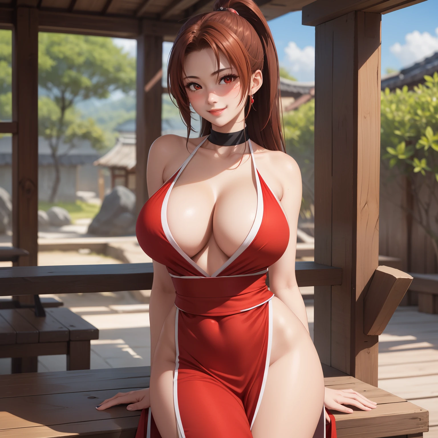 Mai Shiranui woman 20 years old straight orange hair , , red eyes like ruby., SMILE, blush,  pale skin, big breasts, Disfraz of Mai Shiranui, revealing red dress/blancoi,  ninja village background.