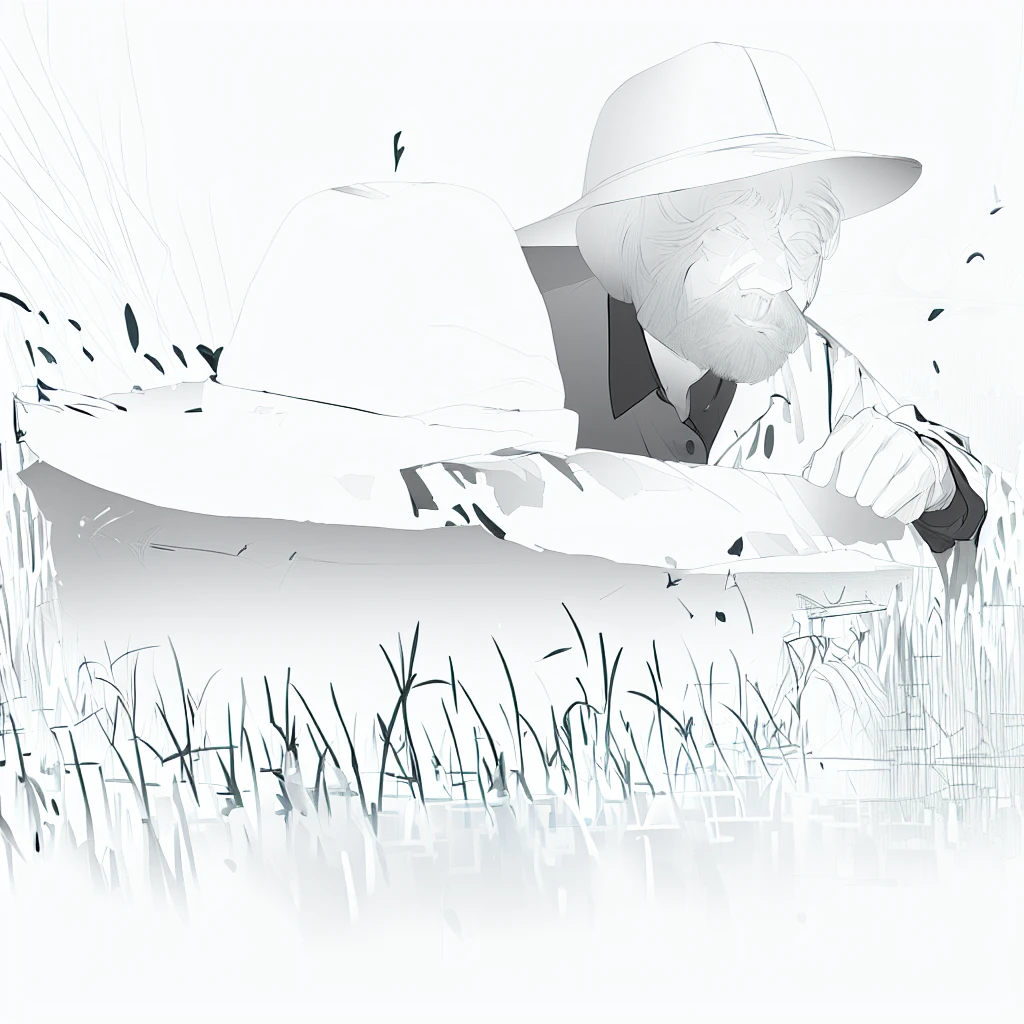 There was a man sitting in a field,Wearing a hat, 3d rendering senior artist, Inspired by Vadim Kashin, Stunning digital paintings, Light and shadow collage, 高度Realistic numbers艺术, by Rudy Sisvanto, Fisherman, Andrei Ryabovich, Beautiful digital artwork, Realistic numbers, Alexander Kucharsky