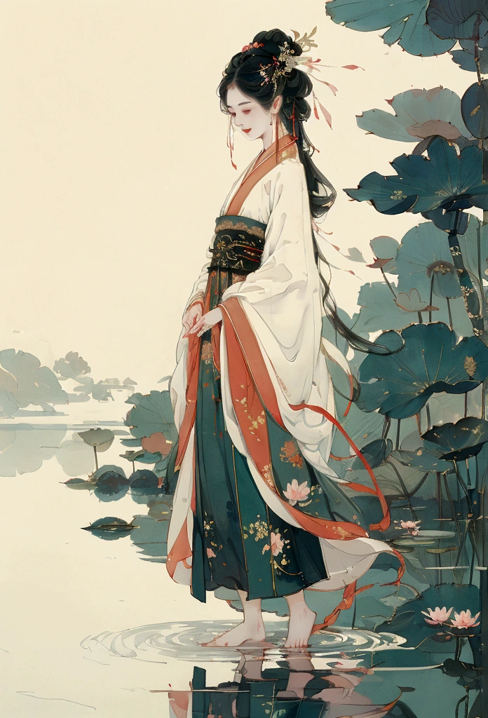 Chinese painting, lotus, hanfu, maxiskit, dress conservatively 1girl, solo, long hair, smile, standing, feet in the water, barefoot, snow in background