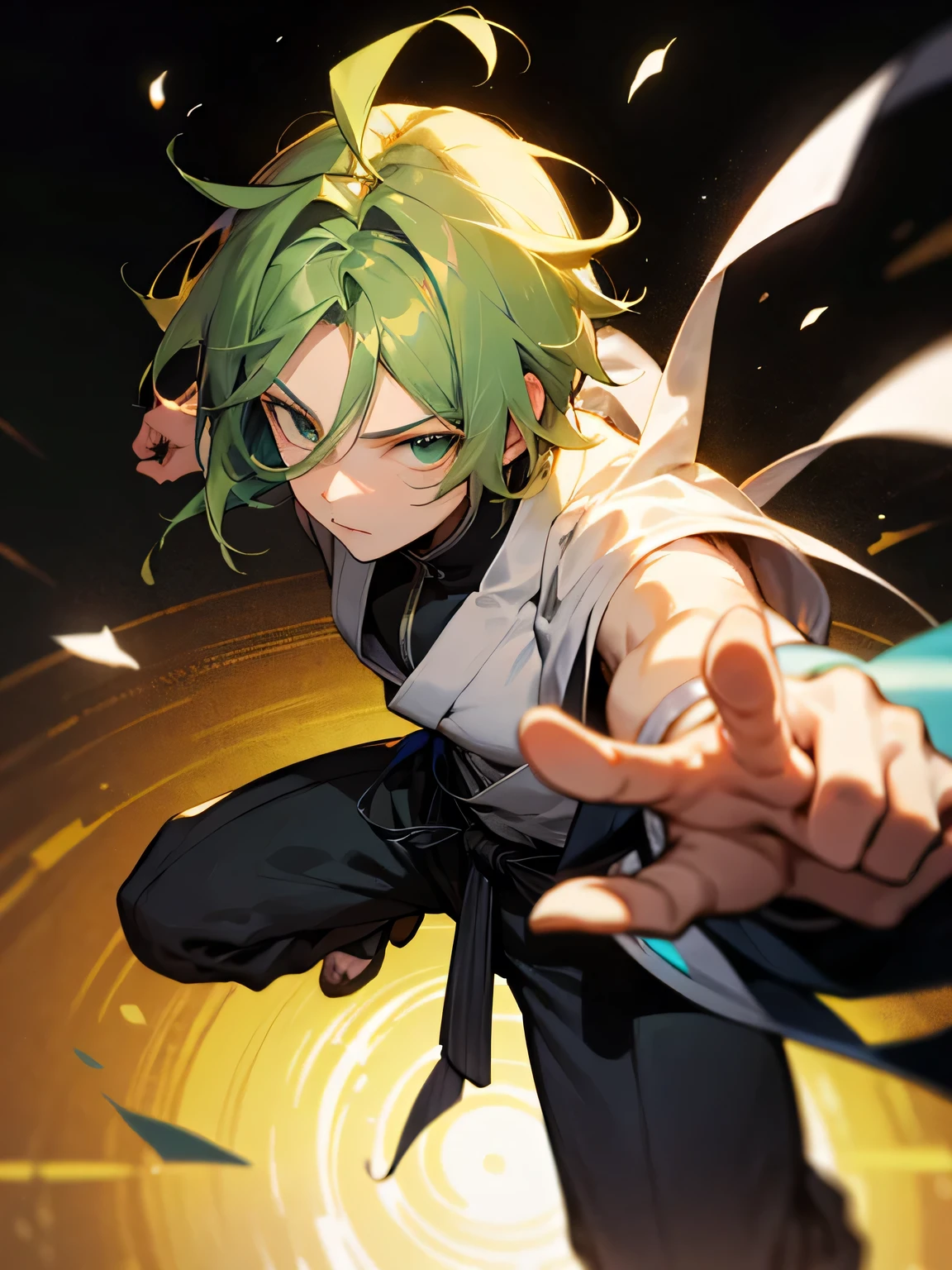 from above:1.3,(fighting stance:1.2)、solo,man,male,s eyes,parted bangs, Light green hair, thin medium hair:1.2, dark traveler's clothes, smile,ahoge,