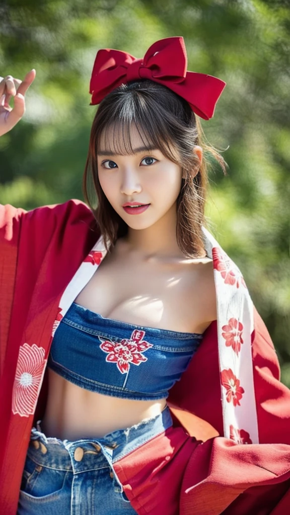 Asian woman in her fifties taking a photo wearing a red kimono top and denim shorts, Young Gravure Idol, Young and cute gravure idol, Japanese Goddess, realistic Young Gravure Idol, shikamimi, Japanese Model, Young and skinny gravure idol, Young and sexy gravure idol, sakimichan, Yoshitomo Nara, In kimono