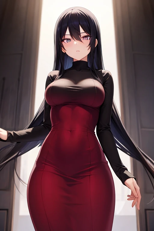 Girl with purple eyes, long black hair, tight red dress