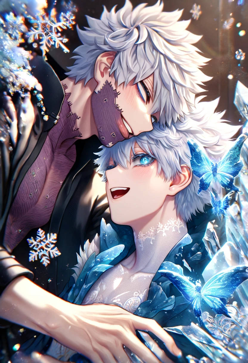 absurdres, highres, ultra detailed, HDR, master piece, best quality, extremely detailed face, delicated features, Dabi, black hair, expressive turquoise eyes, Boku No Hero Academia, Gojou Satoru, white hair, expressive blue eyes, white eyelashes, two sexy men together, yaoi, gay couple, cute, smiling, blue jacket with fur, black coat, fantasy, magical, ice, blue fire, ice butterflies, snowflakes, starry night