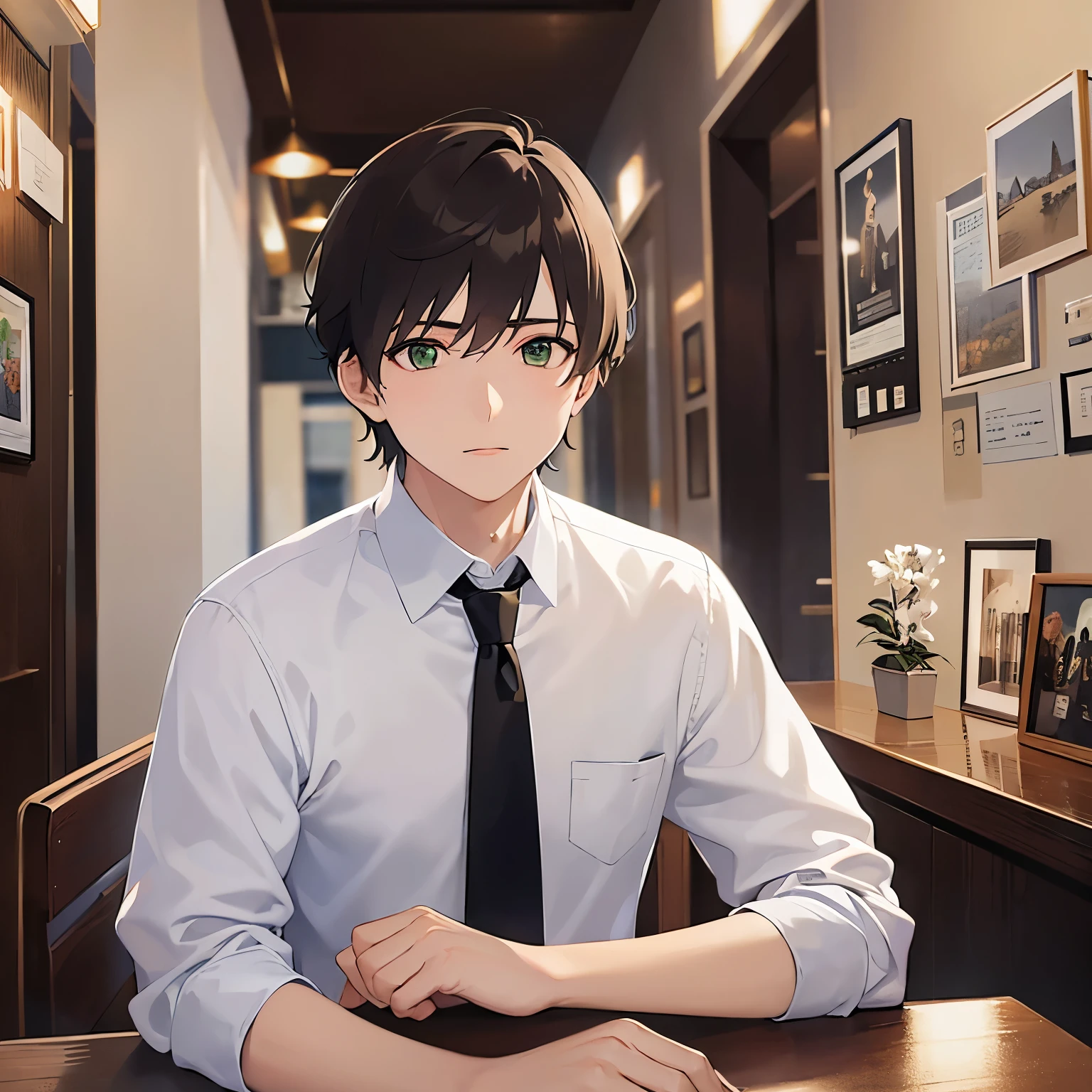 looking away,upper body,masterpiece、Highest quality、BREAK (25-year-old male:1.5) and (Mahogany brown short hair) and (Green Eyes)BREAK (white collared shirt) and (Green tie),,The background is the interior of a restaurant at night.,Sitting,