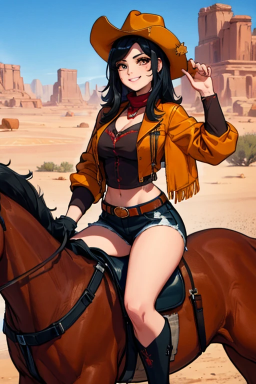 perfect face, perfect hands. A black haired female cowgirl with orange eyes in a conservative cowgirl outfit is riding a horse in the desert with a big smile