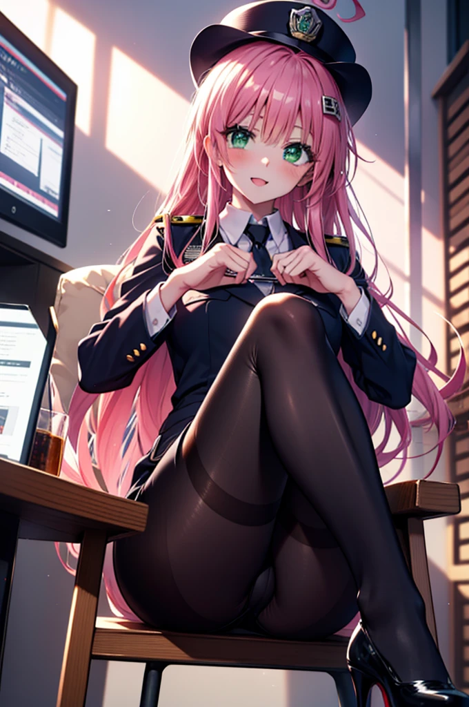 Lara Deviluke, Lara Deviluke, Long Hair, Pink Hair, tail, Ahoge, bangs, hair ornaments, (Green Eyes:1.5), smile,blush,Open your mouth,demon tail,Police hat with black rimmed glasses,Sexy police uniform,Black pencil skirt, black pantyhose,Stiletto heels,sitting cross-legged on a chair,There is a computer on the table,interior,whole bodyがイラストに入るように,
break outdoors, office
break looking at viewer,whole body,
break (masterpiece:1.2), Highest quality, High resolution, unity 8k w全てpaper, (shape:0.8), (beautiful detailed eyes:1.6), extremely detailed face, Perfect lighting, extremely detailed CG, (Perfect hands, Perfect Anatomy),