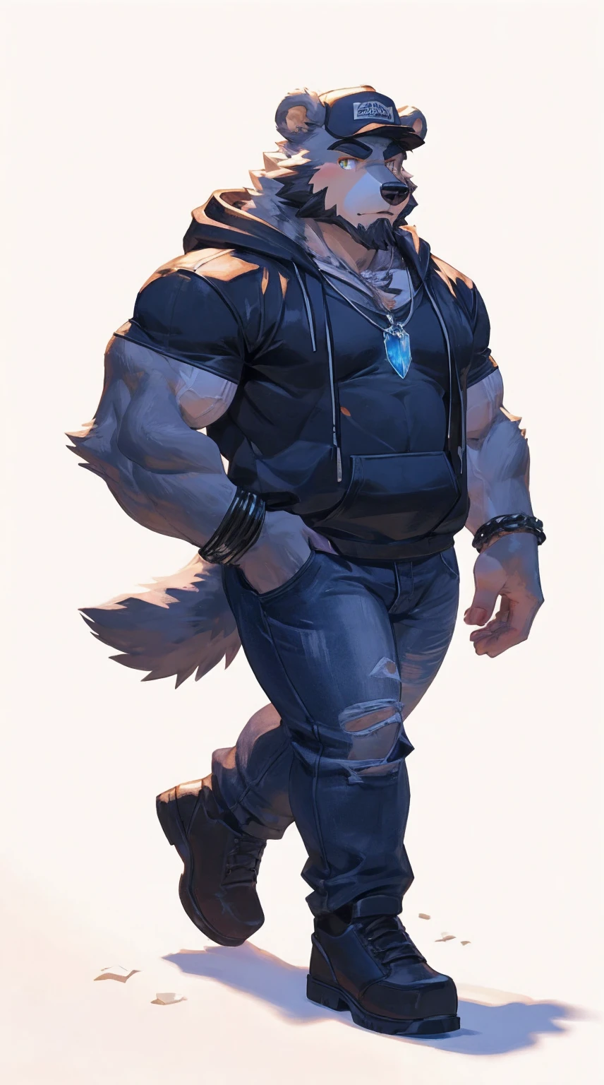 (masterpiece:1.2), best quality,pixiv,official art,perfect anatomy, (Ray tracing, light),solo, (1_male:1.3) , (muscle), (grey fur:1.4), (muscle bear), (beard:1.2), (gleaming golden eyes), bear tail, full body, Thick black eyebrows, baseball cap, (open short hoodie), (naked inside),Ripped short jeans, black short boots, (pure white background: 1.3)，crystal necklace ,one leather bracelet